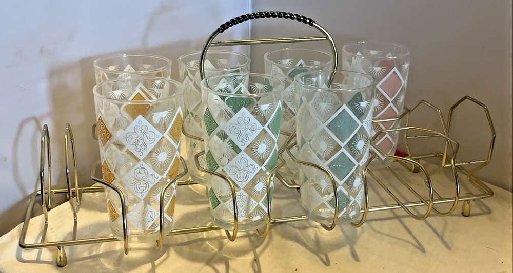 Fred Press Style 7 Highball Tumbler Glasses Caddy Carrier MCM Hazel Atlas